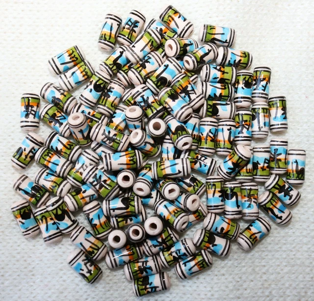 25 Handbemalte Keramik Perlen Peru 16 mm Zylinder blau gelb grün Schmuck basteln