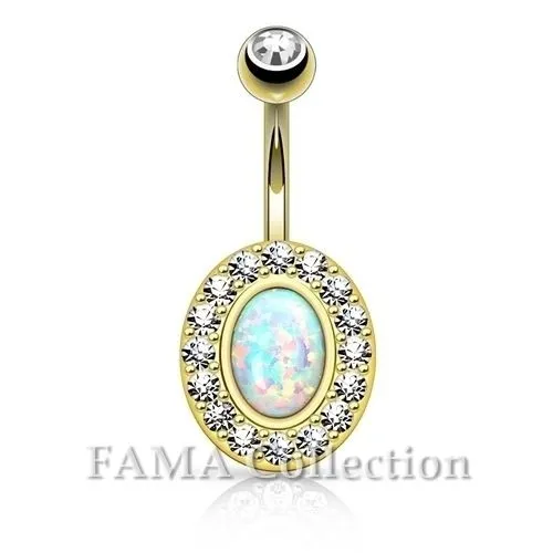 FAMA Surgical Steel 14kt Plated Navel Belly Ring with Gem Paved & Opal Centre