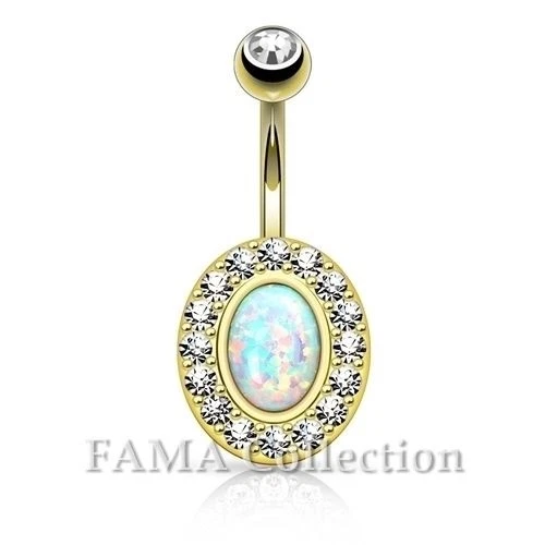 FAMA Surgical Steel 14kt Plated Navel Belly Ring with Gem Paved & Opal Centre