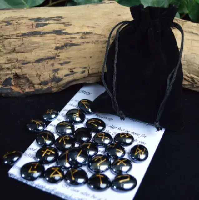 25 GLASS RUNE STONES & Velvet BAG Wicca Pagan Witchcraft Runes Divination Gold