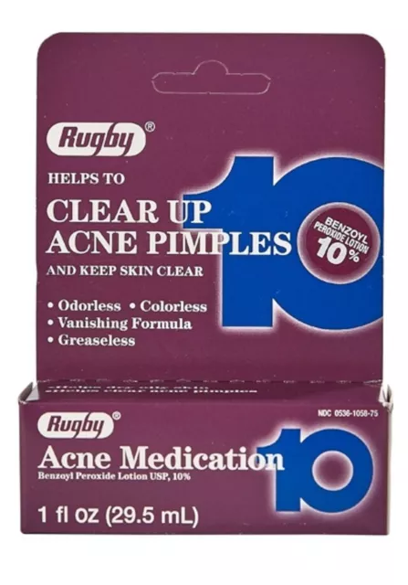 Rugby Acne Medication Treatment Benzoyl Peroxide LOTION 10% 1oz Wipeout Pimples