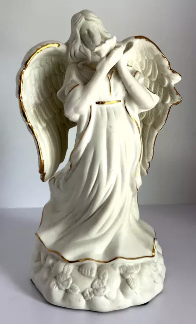 7.5” Vintage Musical Ceramic Christmas Angel Figure Plays Silent Night Music Box