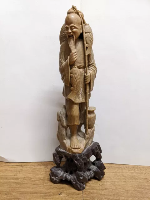 Antique large early 20th C Chinese carved soapstone figure of a fisherman 14"