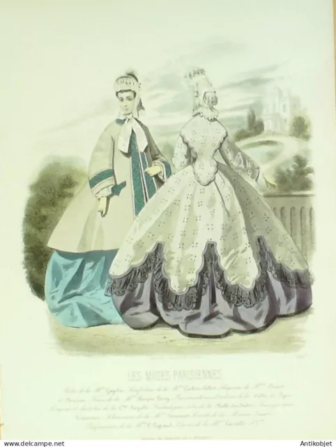 Gravure Modes parisiennes 1864 n°1107 Toilettes satinées brodées