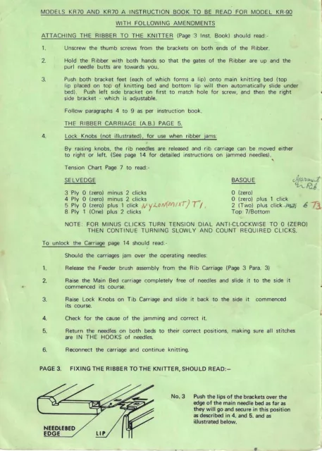 Empisal knitting machine KR 70, KR 70A & KR 90 Ribber Instruction  Manual 2