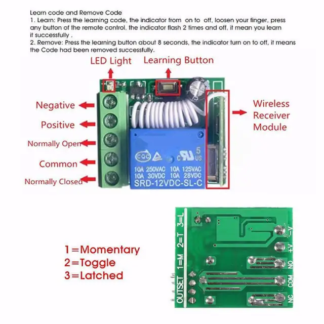 10A 1 Channel Receiver Wireless Relay RF Remote Control Switch DIY Module L 2