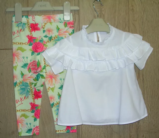 River Island Girls White Frilly Top Floral Leggings Outfit Age 18-24 Months