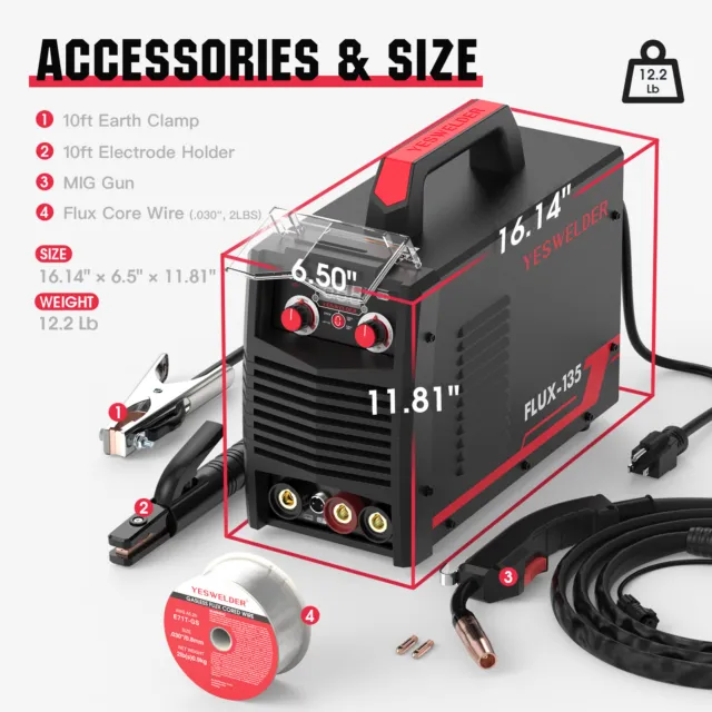 MIG Welder 135A 110V AC Gassless Flux Core Wire Automatic Feed Welding Machine
