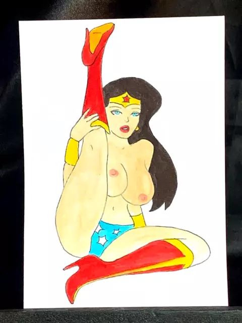 Original ACEO Dancing Wonder Woman Ink Art Medium Marker on Paper Signed Artist