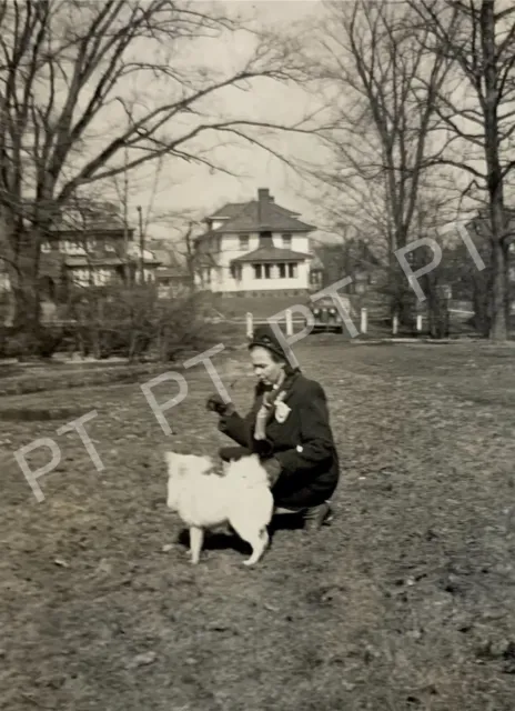 Antique Vintage Original Photo Pretty Young Woman & Her White Dog 1940s Puppy