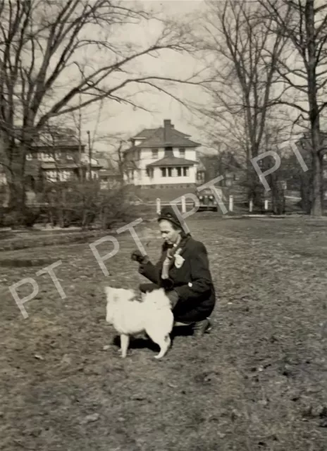 Antique Vintage Original Photo Pretty Young Woman & Her White Dog 1940s Puppy