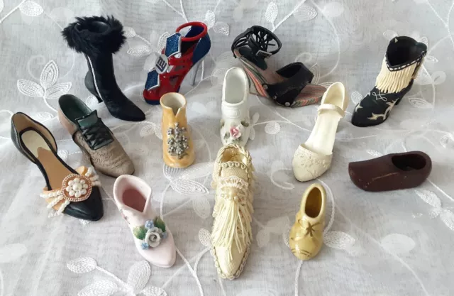 13 Miniature Vintage Shoes Collectible Set Resin Porcelain Wood Fabric Plastic