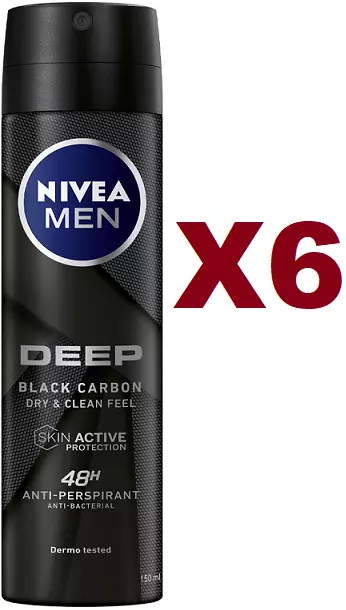 6 Pz Nivea Men Deep Black Carbon Deodorante 48H Spray 150Ml Deo Uomo