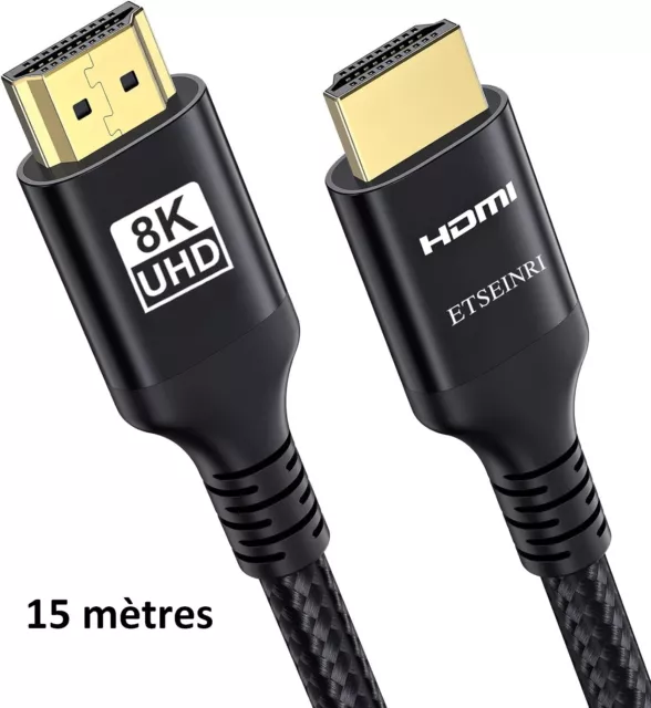 Câble 15 mètres HDMI 2.1 haute vitesse 4K 8K@60Hz plaqué or 48Gbps ETSEINRI