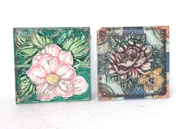 2 Pc Ceramic Tiles Old Vintage Antique Rare Home Garden Decor Collectible PG-56