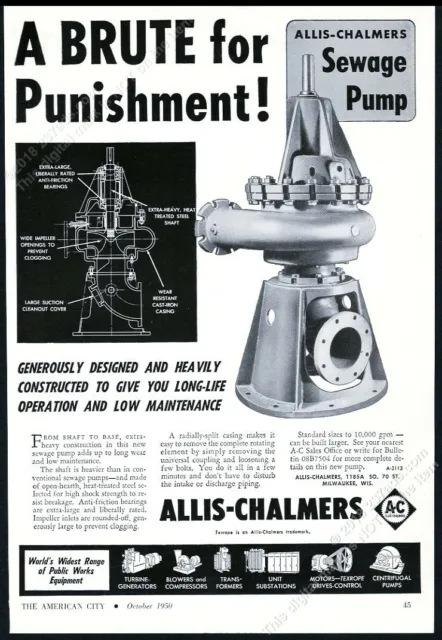 1950 Allis Chalmers sewage pump photo & diagram vintage trade print ad