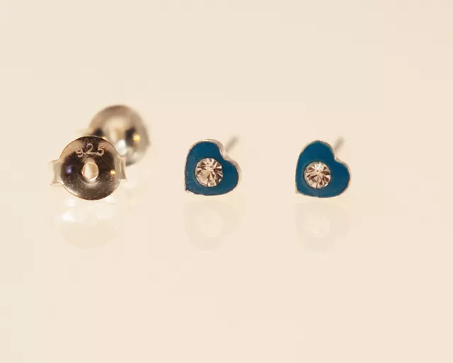 925 Sterling Silver Children's Blue Heart Stud Earrings with Stone