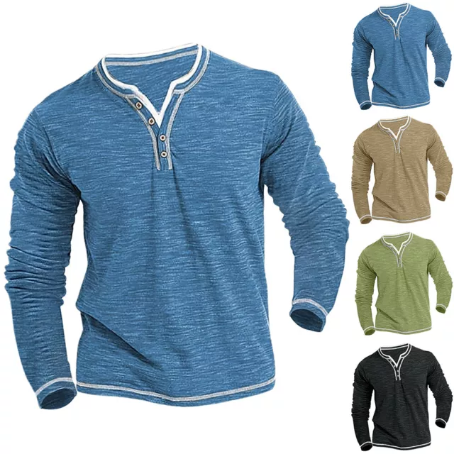 Mens Long Sleeve V Neck Grandad Shirts Tops Loose Button Henley T-Shirt Blouse