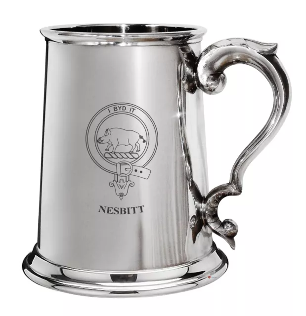 Nesbitt Family Crest Polished Pewter 1 Pint Tankard with Scroll handle