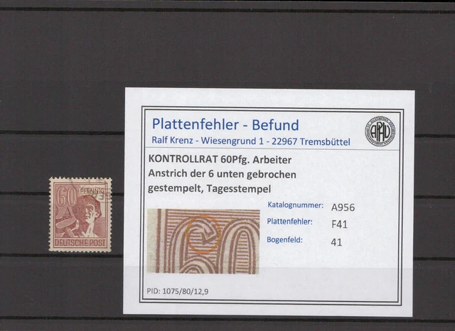 KONTROLLRAT 1947 PLATTENFEHLER Nr A956 F41 gestempelt (215824)
