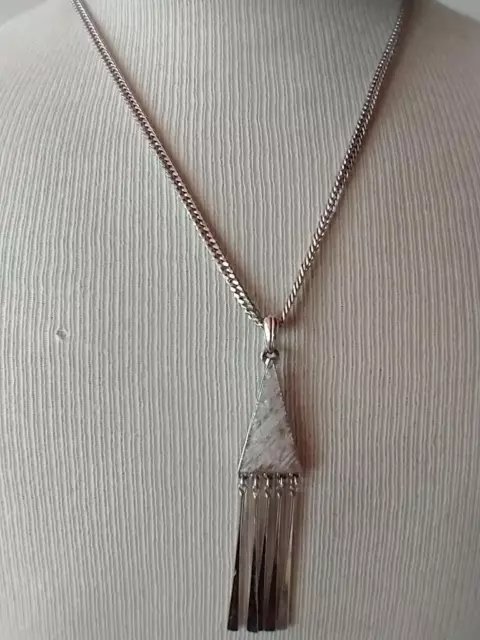 20"Vintage Signed Celebrity Silvertone Herringbone Geometric Tassel Necklace,