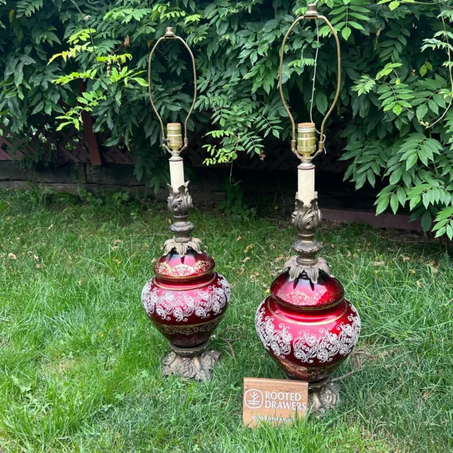 Set Of 2 Vintage Hollywood Regency Style Lamp Red Glass Globe Gold Brass Base 2