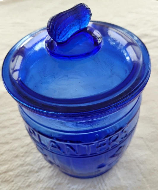 PLANTERS RUNNING MR Peanut Cobalt Blue Glass Barrel Jar Cookie Jar with