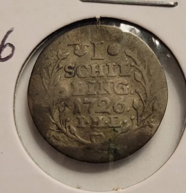 1726 German States 1 Schilling Very Fine to Extremely Fine Hamburg 37.5% Silver