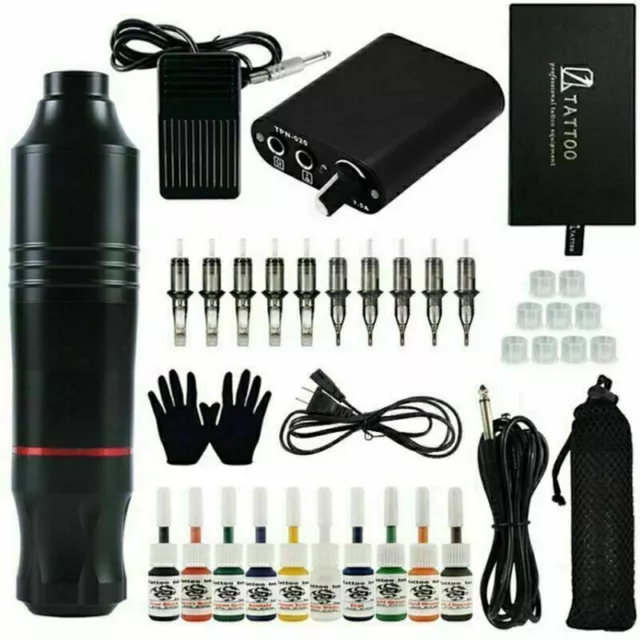 Beginner Tattoo Machine Kit Pen Gun 10 Ink Power Supply Needle Tip Complete Set