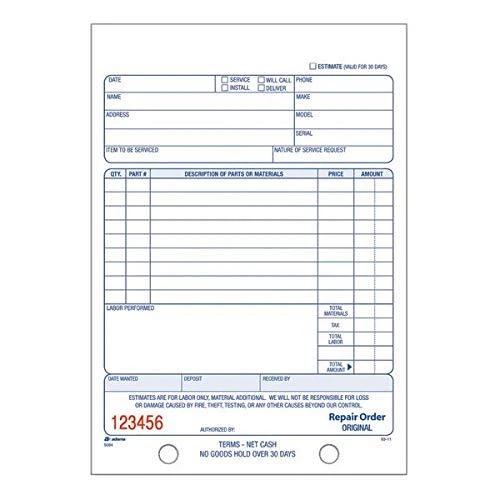 Repair Order Book, Carbonless, 2-Part/5-9/16 x 8-7/16 Inches, 50 Sets White