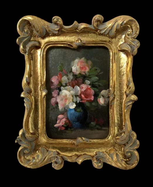 Original Miniature Oil Painting Antique Style Flowers With ornate gold Frame