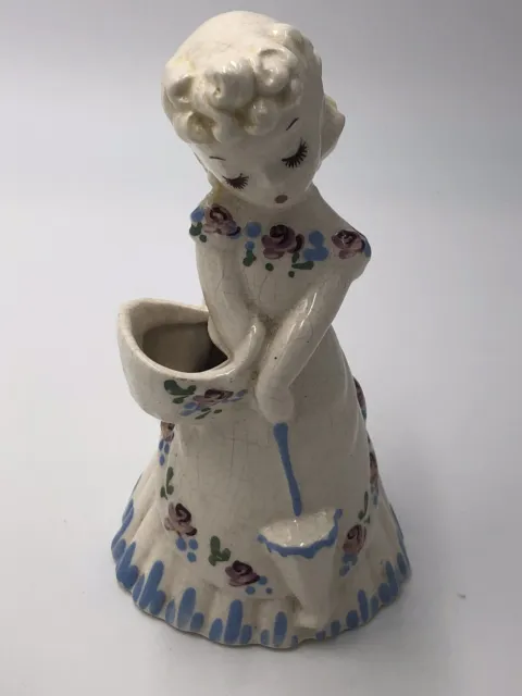 Vintage DeLee Pottery Ceramic Girl With Umbrella Figurine Planter Vase 7" Marked