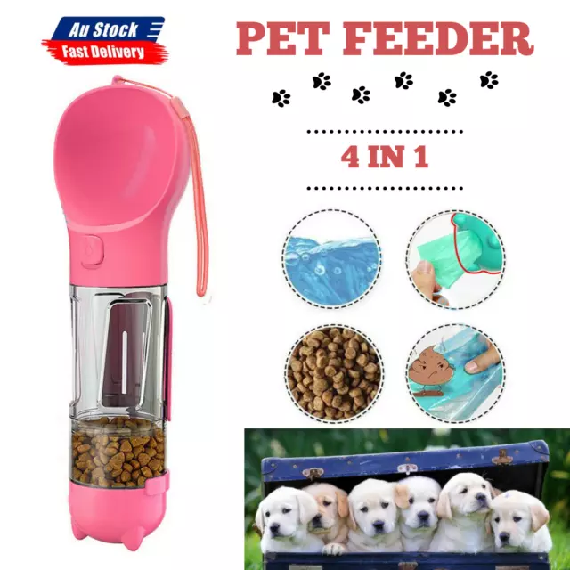 Pink 4 in1 Pet Feeder Puppy Dog Cat Water Bottle Cup Travel Pooper Scooper