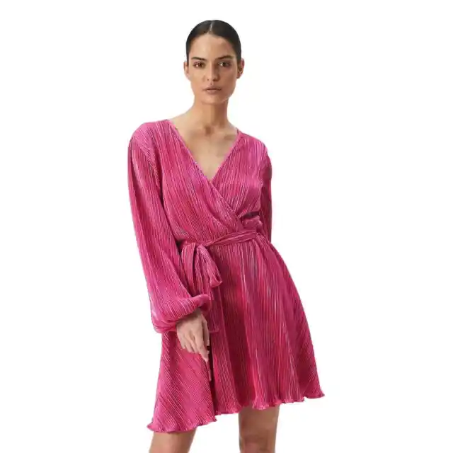 Bardot Womens Pop Pink Wrap Tie Balloon Sleeve Bellissa Pleat Mini Dress Size XL