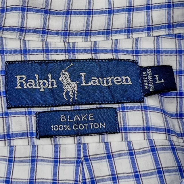 Ralph Lauren L Blake 100% Cotton Preppy Short Sleeve Plaid Shirt White Blue 3