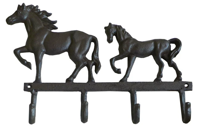 Mr Gecko Horse / Foal Cast Iron Wall 4 Hooks Hand Made Antique Black