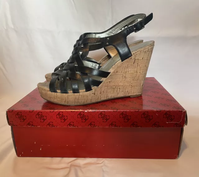 GUESS CORK WEDGE Black Open Toe Leather Women’s Sandals Size 8.5 $11.00 ...