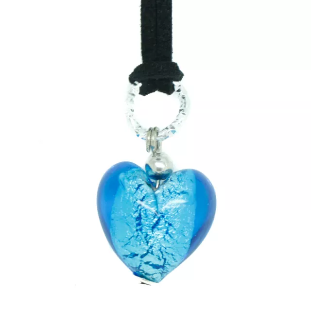 Murano Vidrio Colgante Collar Azul Plata Forma Corazón Venecia 25mm 3