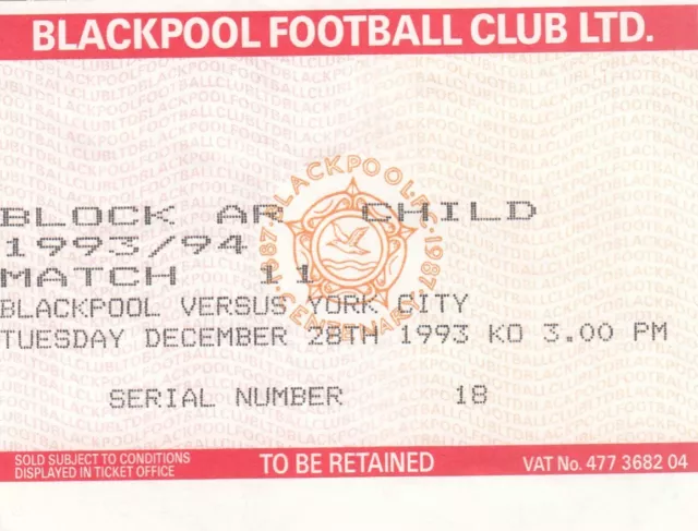 Ticket - Blackpool v York City 28.12.93