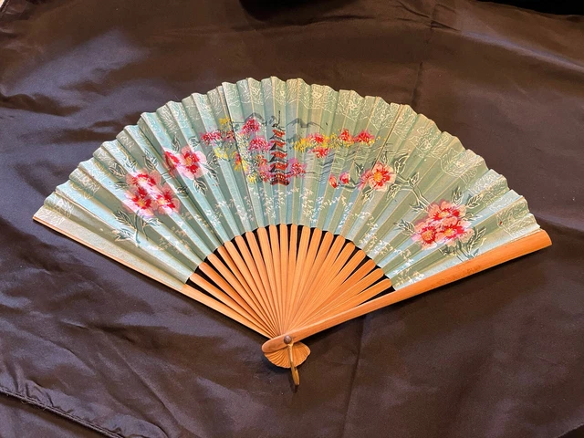VINTAGE 12 inch PAPER AND WOOD CHINESE FAN 1950'S