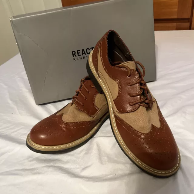 Kenneth Cole Reaction Take Fair Oxford Shoe Mens Boys 4.5 Cognac Canvas Wingtip