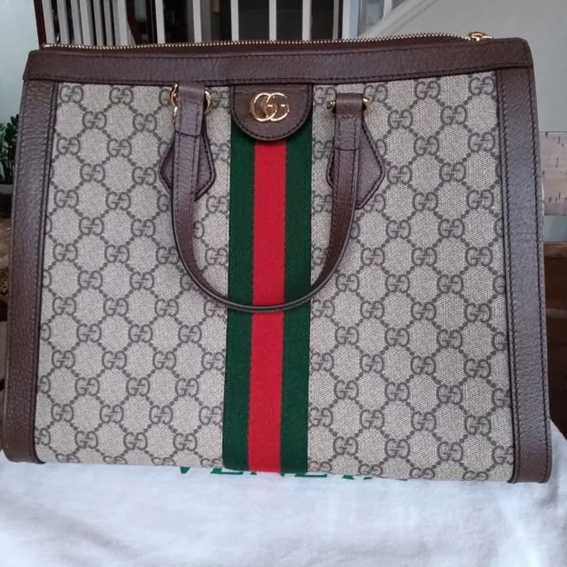 Gucci Ophidia Magnetic/Snap Closure GG Web Tote Medium Beige/Ebony Canvas