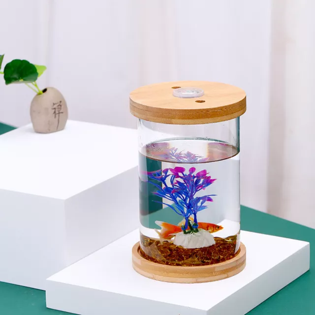 1X Cylindrical Ecological Fish Tank Mini Aquarium For All Water Type Wooden Base