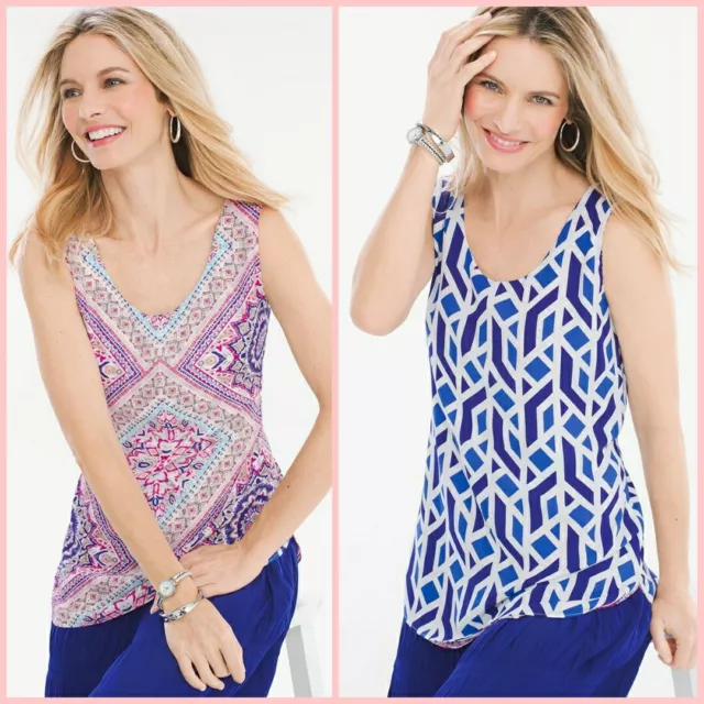 CHICOS Reversible Tank Top 0 Blue Geometric Floral Blouse