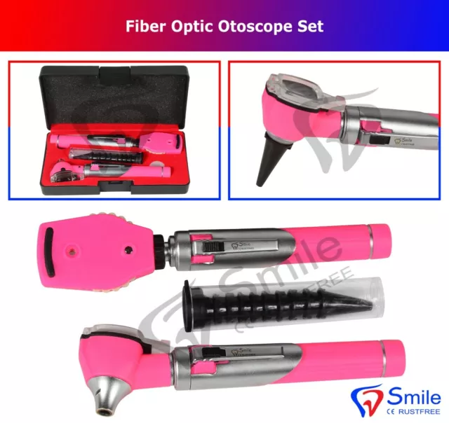 New Fiber Optic Otoscope Ophthalmoscope Examination LED Diagnostic ENT Set PINK