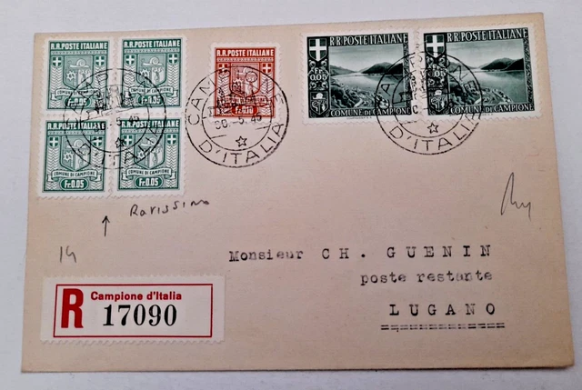 Italy Kingdom 1945 Campione Reg. Cover to Lugano - Autonomous Rare Issues 1944