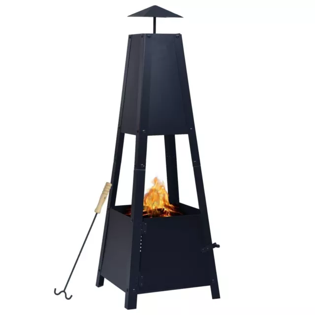 Steel Fire Pit Pyramid Shape Black Outdoor Garden Firepit Fireplace With Poker
