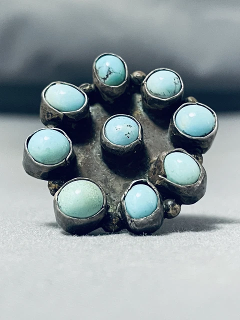 Beautiful Vintage Navajo 9 Blue Gem Turquoise Sterling Silver Ring