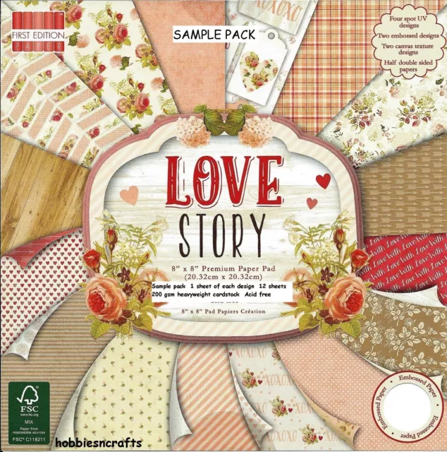 LOVE STORY Dovecraft 8 x 8 Sample Paper Pack - 16 sheets Floral Hearts Tags