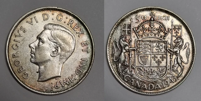 Canada 50 cents 1943 aEF 1944 F+ both Narrow Date